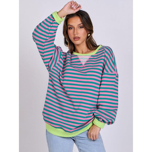 Women Striped Sweatshirt Oversized Crewneck Long Sleeve Casual Top - Picture 4 of 8